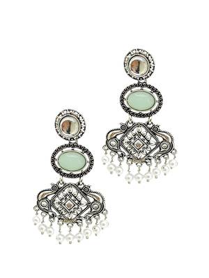 Silver oxidised kundan mint green long earrings 4