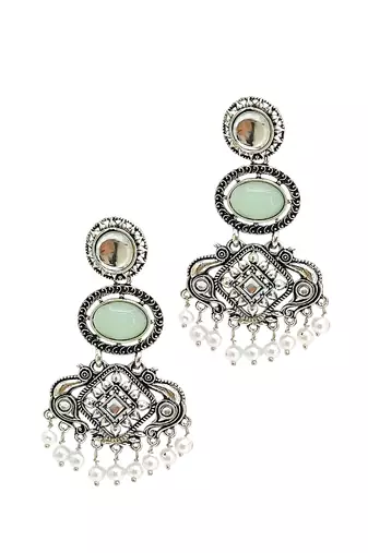 Silver oxidised kundan mint green long earrings