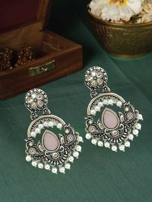 Silver oxidised kundan pastal pink chandbali earrings 1