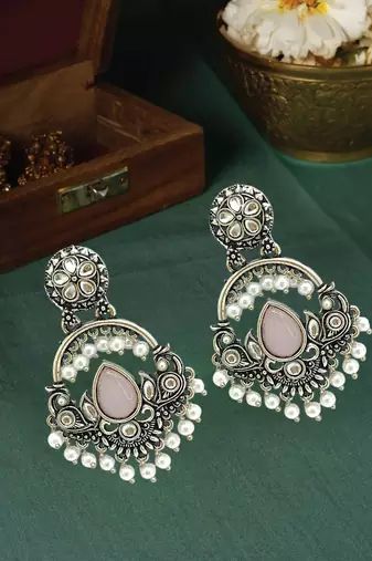 Silver oxidised kundan pastal pink chandbali earrings