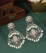 Silver oxidised kundan pastal pink chandbali earrings