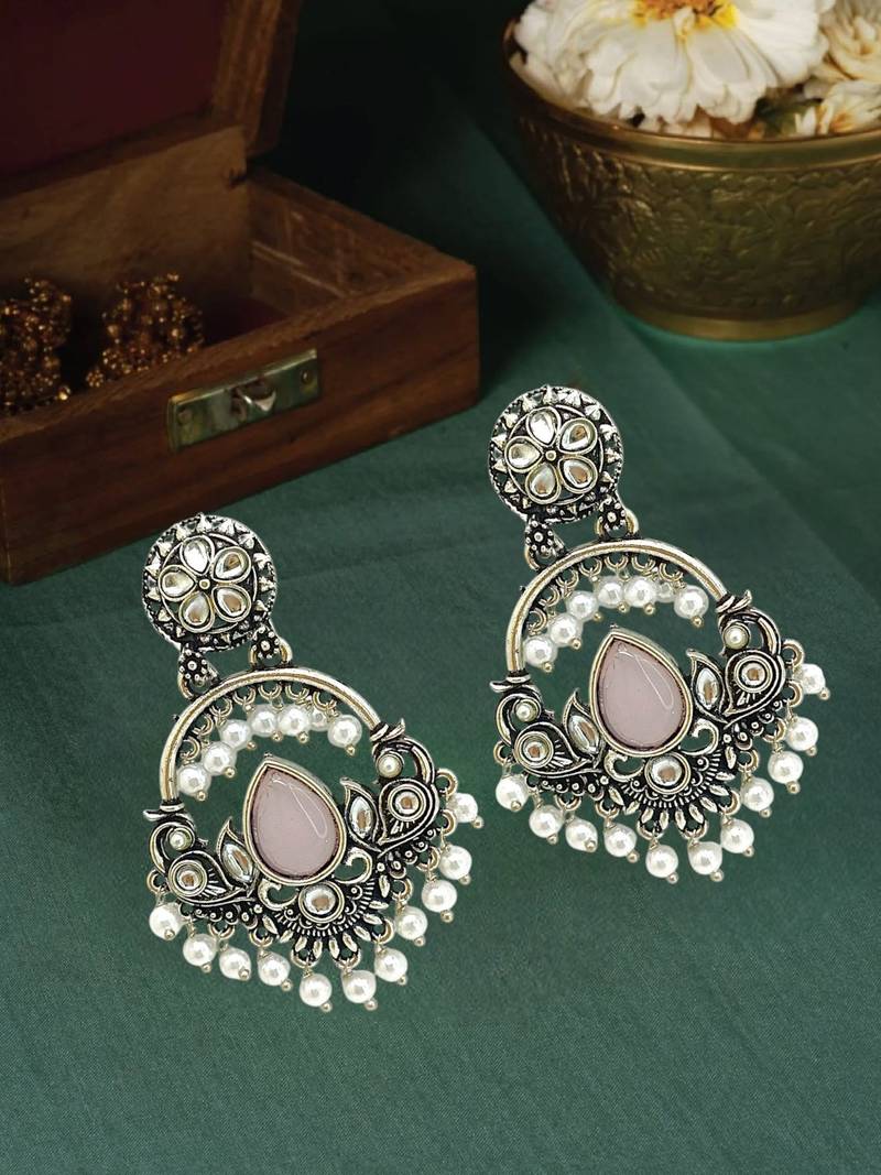 Silver oxidised kundan pastal pink chandbali earrings