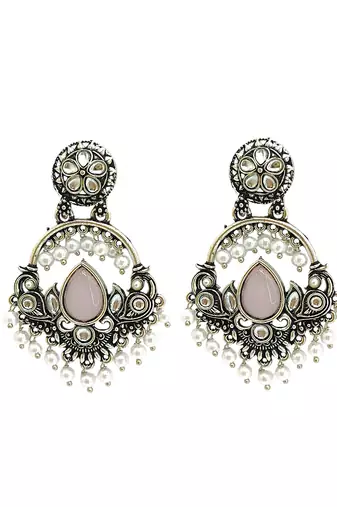 Silver oxidised kundan pastal pink chandbali earrings