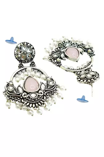 Silver oxidised kundan pastal pink chandbali earrings