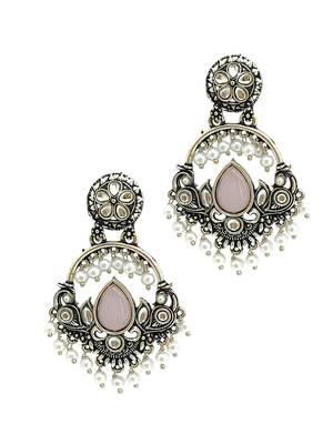 Silver oxidised kundan pastal pink chandbali earrings 4