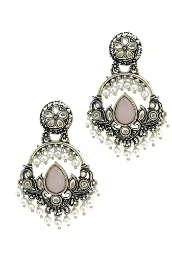 Silver oxidised kundan pastal pink chandbali earrings