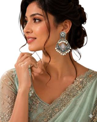 Silver oxidised kundan pastal pink chandbali earrings 5