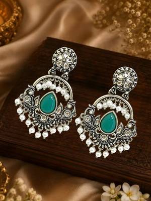 Silver oxidised kundan green chandbali earrings 1