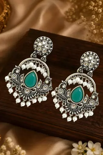 Silver oxidised kundan green chandbali earrings