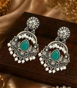 Silver oxidised kundan green chandbali earrings