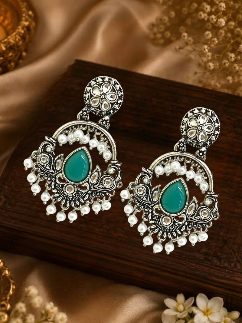 Silver oxidised kundan green chandbali earrings
