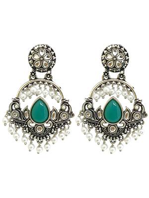 Silver oxidised kundan green chandbali earrings 2