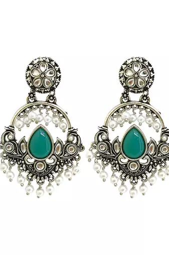 Silver oxidised kundan green chandbali earrings