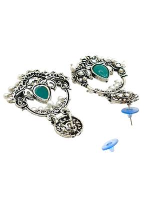 Silver oxidised kundan green chandbali earrings 3
