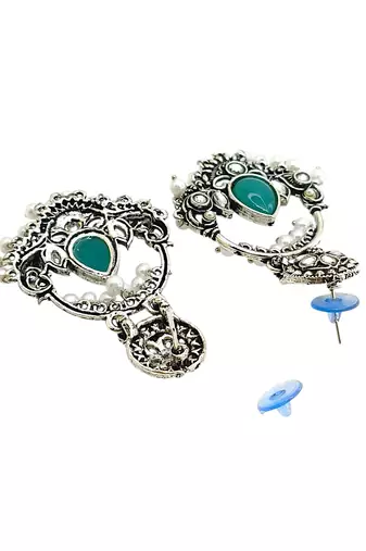 Silver oxidised kundan green chandbali earrings