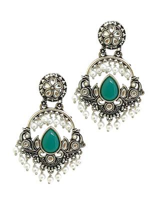 Silver oxidised kundan green chandbali earrings 4