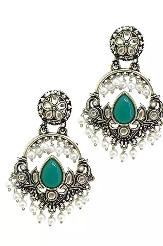 Silver oxidised kundan green chandbali earrings