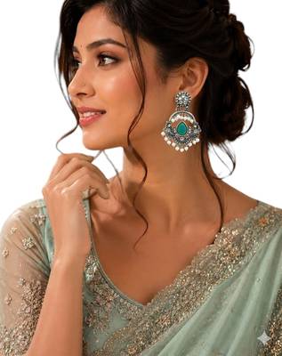 Silver oxidised kundan green chandbali earrings 5