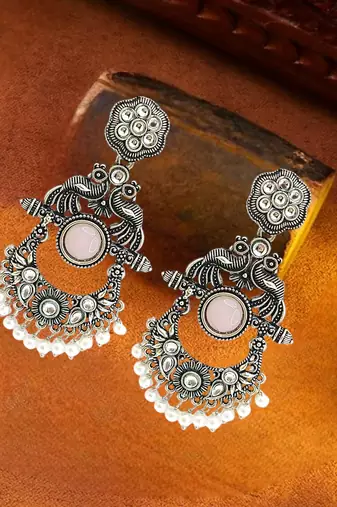 Silver oxidised peacock motif pink chandbali earrings