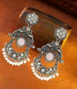 Silver oxidised peacock motif pink chandbali earrings