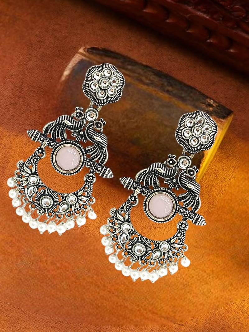 Silver oxidised peacock motif pink chandbali earrings