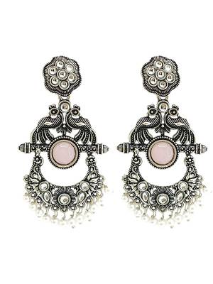 Silver oxidised peacock motif pink chandbali earrings 2