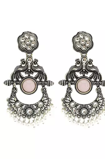Silver oxidised peacock motif pink chandbali earrings