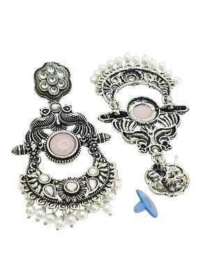 Silver oxidised peacock motif pink chandbali earrings 3
