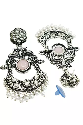 Silver oxidised peacock motif pink chandbali earrings
