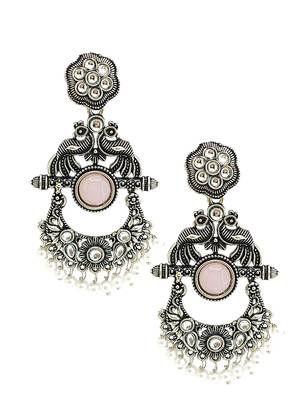 Silver oxidised peacock motif pink chandbali earrings 4