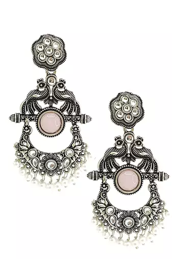 Silver oxidised peacock motif pink chandbali earrings