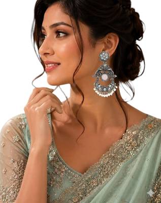 Silver oxidised peacock motif pink chandbali earrings 5
