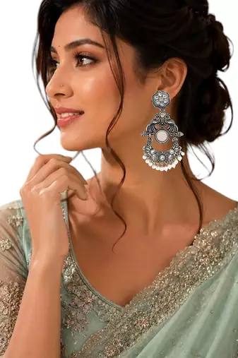 Silver oxidised peacock motif pink chandbali earrings