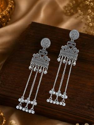 Silver oxidized peacock kashmiri long earrings 1