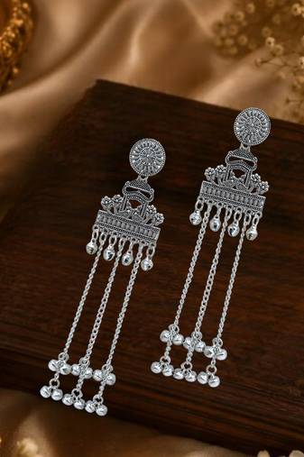Silver oxidized peacock kashmiri long earrings