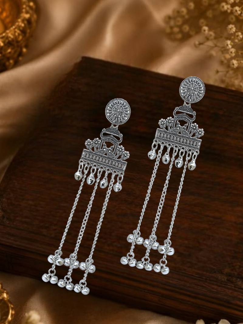 Silver oxidized peacock kashmiri long earrings