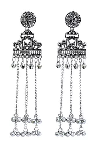 Silver oxidized peacock kashmiri long earrings