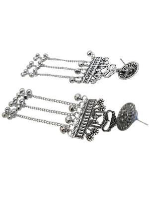 Silver oxidized peacock kashmiri long earrings 3