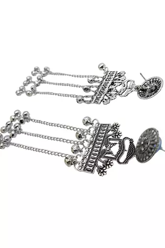 Silver oxidized peacock kashmiri long earrings