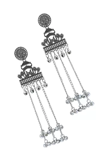 Silver oxidized peacock kashmiri long earrings