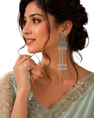 Silver oxidized peacock kashmiri long earrings 5