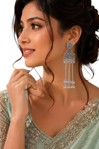 Silver oxidized peacock kashmiri long earrings