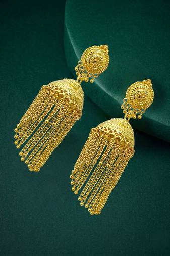 Gold plated tassel long jhumka earrings
