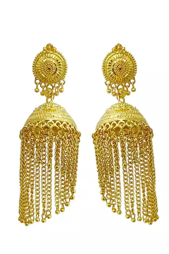 Gold plated tassel long jhumka earrings