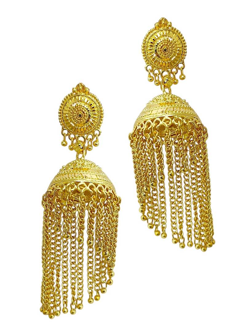 Gold plated tassel long jhumka earrings