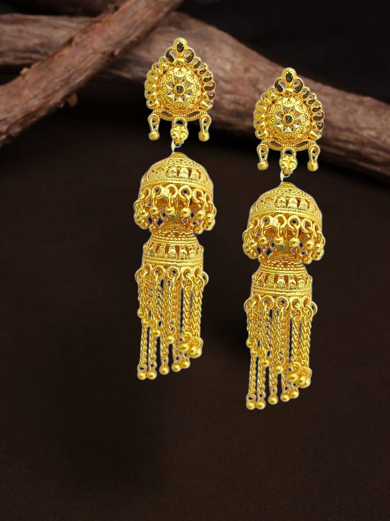 Gold plated double layered umbrella jhumka earrings