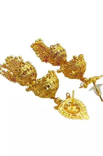 Gold plated double layered umbrella jhumka earrings
