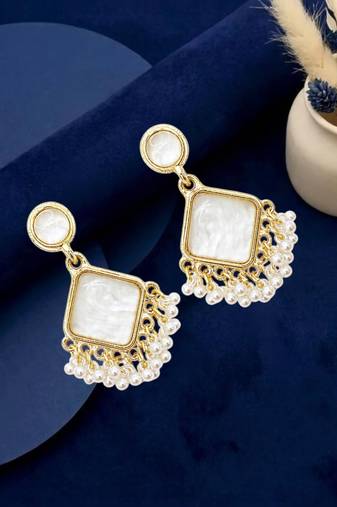 Gold plated square shape white earrings