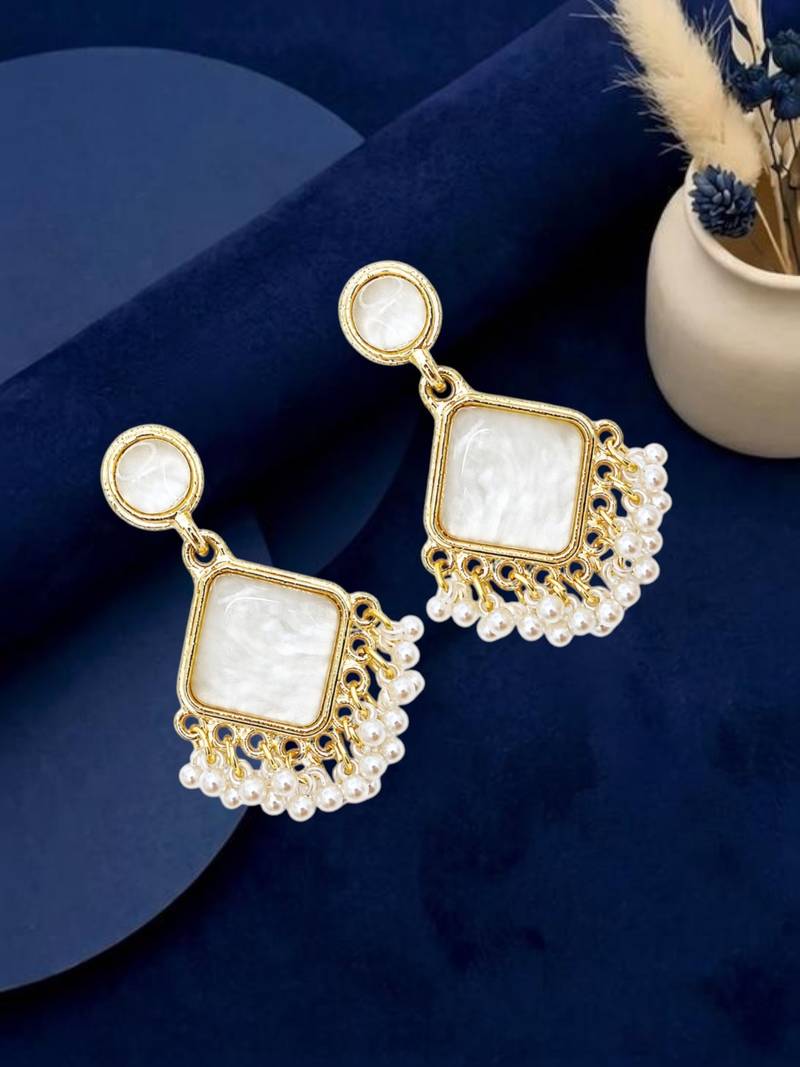 Gold plated square shape white earrings