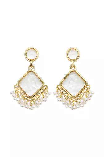 Gold plated square shape white earrings